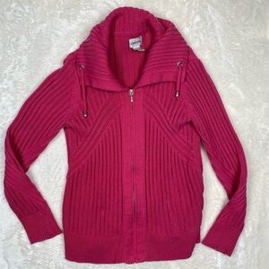 Chicos hot pink zip up cable knit cowl neck sweater size small